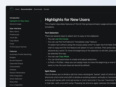 Improvement concept for the iTerm2 documentation page documentation guide iterm iterm2 manual navbar sidebar terminal ui user guide ux