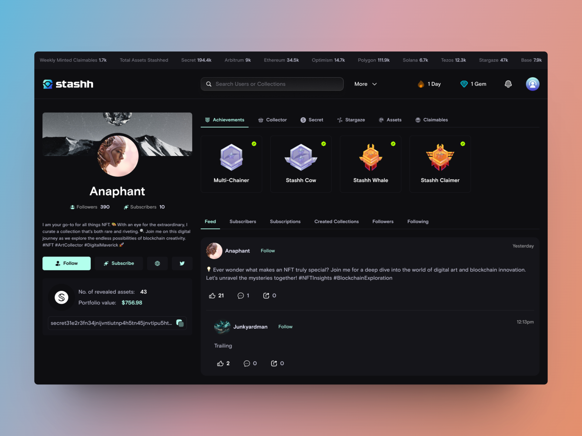 Profile page UI 3d animation badges branding dark theme figma framer graphic design logo motion graphics profile profile page profile ui ui uiux web3
