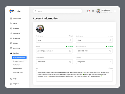 Account/Profile information settings and edit UI - Puzzler SaaS account details account settings admin panel b2b design clean dashboard design system edit account information edit profile information landing page minimalistic profile settings saas settings sidebar ui ui kit ux web app website