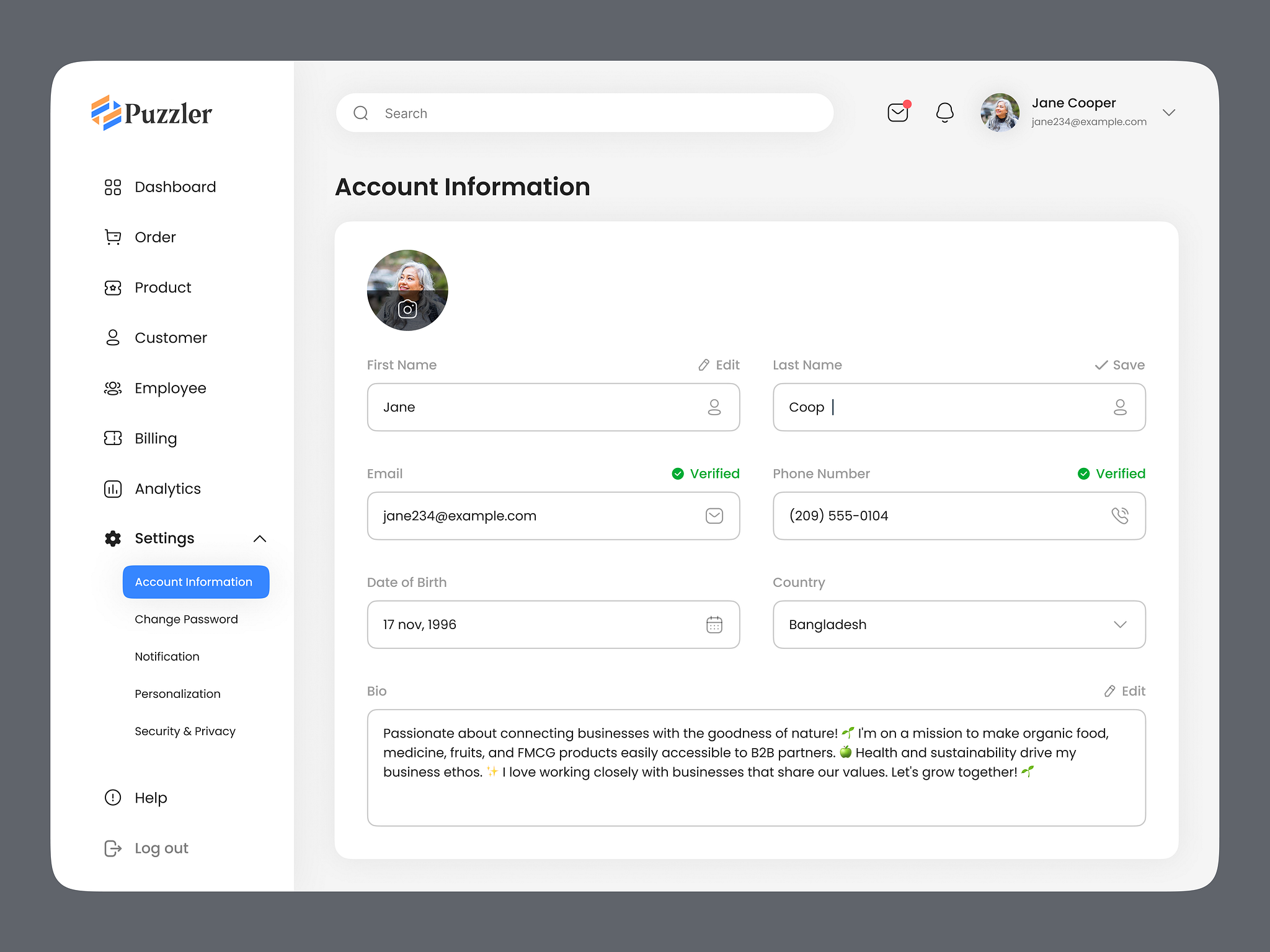 Account/Profile information settings and edit UI - Puzzler SaaS by ...