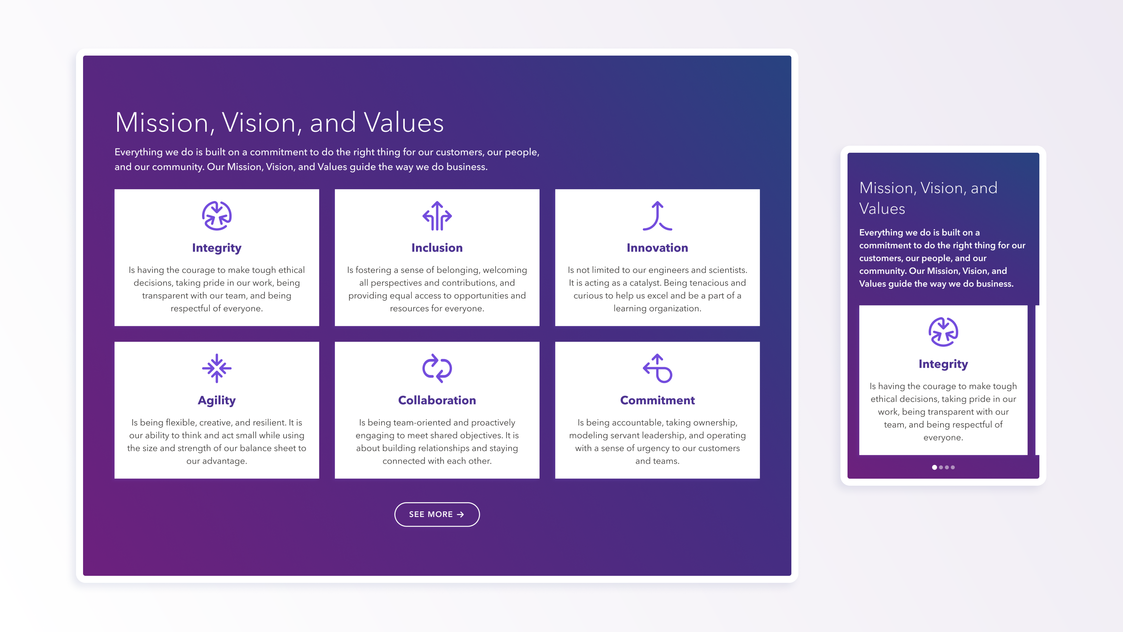 Card Component. Desktop & Mobile component cta desktop gallery gradient icons mission mobile slider tile ui ux values vision web design
