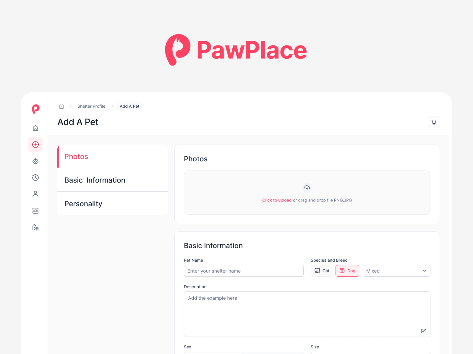 PawPlace - Add a pet form UI UX Design add a pet form clean design form design pet adoption app pet adoption dashboard pet adoption web app pet adoption website pet app pet app design pet care app pet dashboard pet form pet health pet logo pet ui design pet web app pet website profile page registration form ui design
