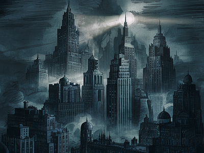 Gotham City At Night Digital Art comic art style concept art dc comics gotham city illustration student artwork