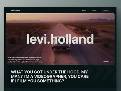 Landing page for a car videographer adventure theme car culture car enthusiast cinematic shots design inspiration landing page design modern web design road trip vibes striking imagery unique design videography website concept