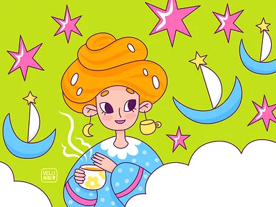 Character illustration for coffee packaging art artist character coffee concept design doodle doodles female girl green hair illustration package packaging packaging design stars woman