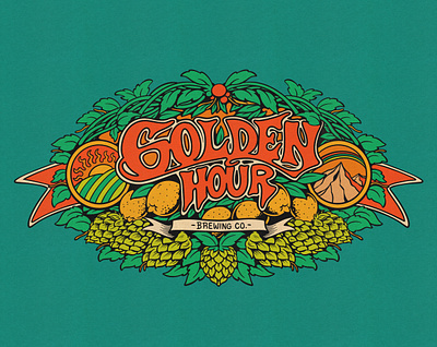 Golden Hour Brewing Co. art deco badge logo branding green economy logo hippie fonts illustration logo nature logo psychedelic fonts retro logo retro vintage logo sticker logo vintage art