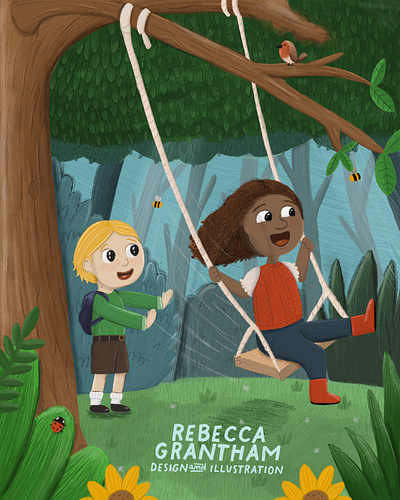 Swing in the woods bookillustration characterdesign childrensillustration digital illustration illustration kidlit kidlitart swing