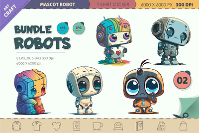 Bundle Cartoon Robots 02. T-Shirt Sticker. android art cartoon character chibi comic cyborg design illustration kawaii machine mascot robot sticker vector