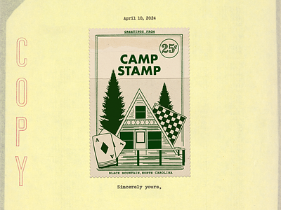 Camp Stamp branding camp camping card game letter los angeles nature nature stamp postage prop design retro stamp summer camp tent tree trees vintage vintage branding vintage design wes anderson