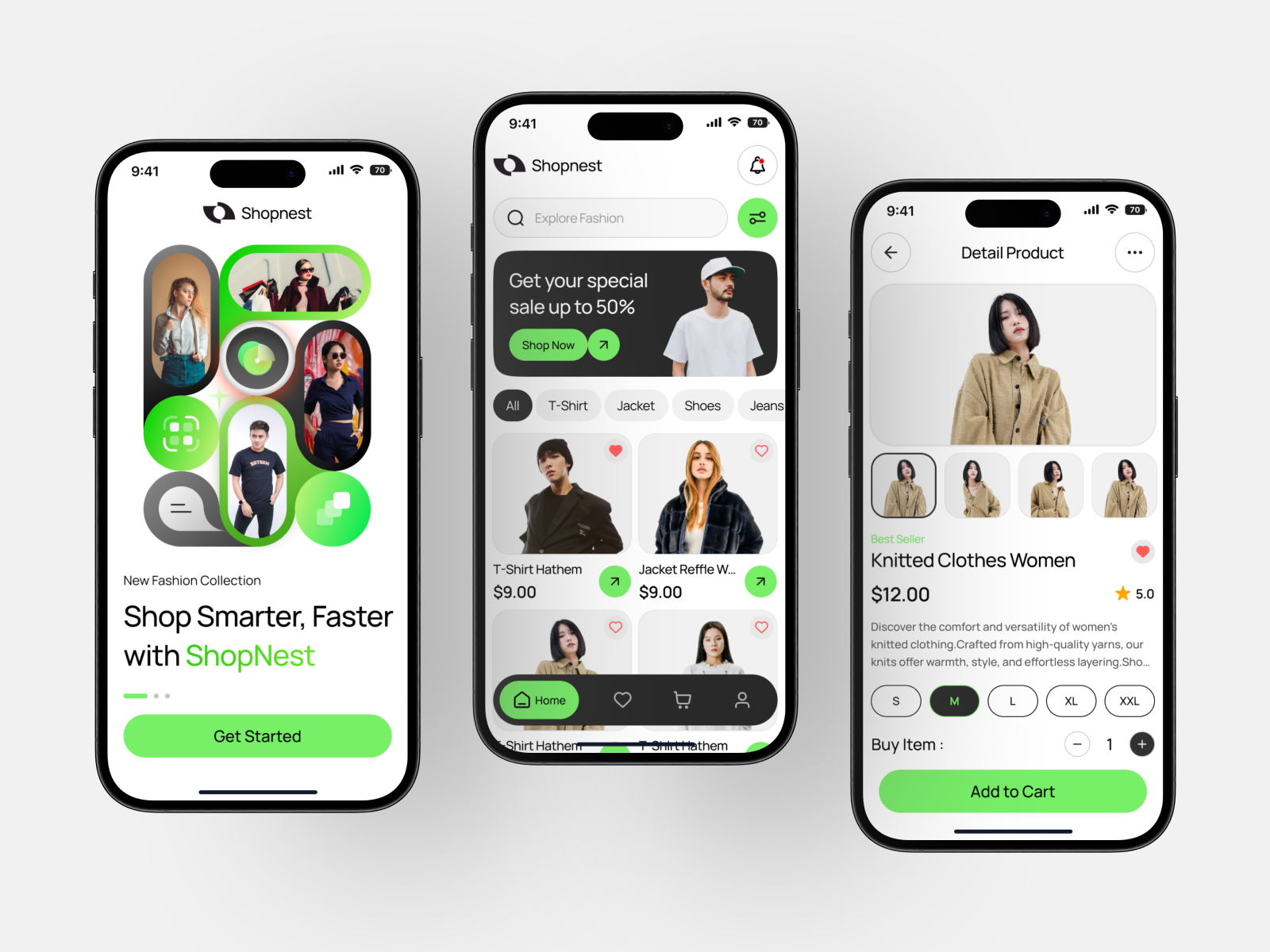 Shopnest - E-Commerce Mobile Apps 👕 clothes detail product e commerce fashion green home screen mobile onboarding responsive shirt shopping ui ui design ui ux design