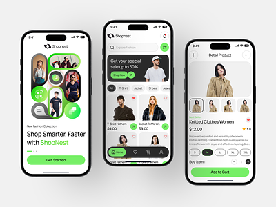 Shopnest - E-Commerce Mobile Apps 👕 clothes detail product e commerce fashion green home screen mobile onboarding responsive shirt shopping ui ui design ui ux design