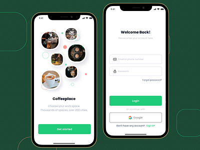 Coffee place - Food app UI Design 2024 trends branding coffee shop ui floating screen food app design graphic design green color login screen motion graphics product design sign up screen ui uiux user interface ux