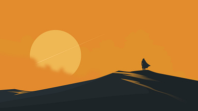 An adventurer is exploring dunes on a distant planet character desert dubai dune illustration landscape minimal illustration movie planets scifi sunset