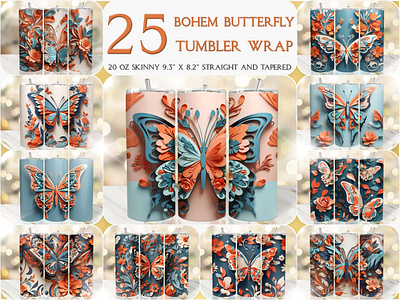 Bohem Butterfly Seamless 20 Oz Tumbler Wrap colorful tumbler design