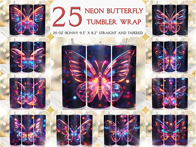 Neon Butterfly Seamless Straight and Tapered 20 Oz Tumbler Wrap neon style tumbler wrap