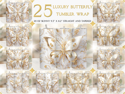 Luxury Gold White Butterfly Seamless 20 Oz Tumbler Design butterfly tumbler design