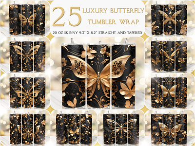 Luxury Gold Black Butterfly Seamless 20 Oz Tumbler Wrap black tumbler sublimation