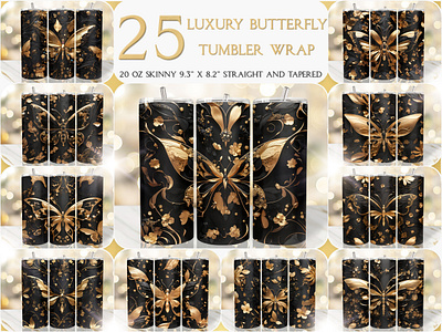 Luxury Gold Black Butterfly 20 Oz Seamless Tumbler Wrap black tumbler sublimation