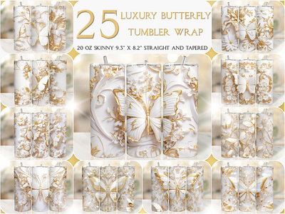 Luxe Gold White Seamless Butterfly 20 Oz Tumbler Wrap butterfly tumbler design