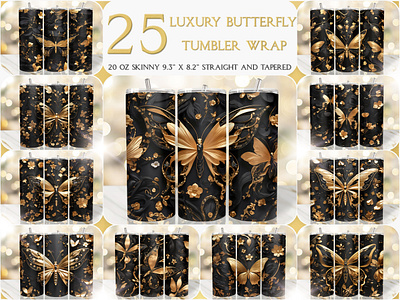 Luxury Gold Black Butterfly Seamless 20 Oz Tumbler Wrap luxury black tumbler wrap