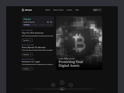 Minted - Crypto Wallet Blog Page 📚 article bitcoin blockchain blog blog page crypto crypto wallet cryptocurrency dark dark theme landing page news saas swap ui web web design web3 website