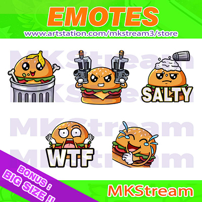 Twitch emotes cute burger trash, salty, weapon, wtf & laugh pack animated emotes anime burger burger emotes cute design discord emotes emote emotes hamburger illustration laugh salty sub badge trash emotes twitch emotes weapon wtf