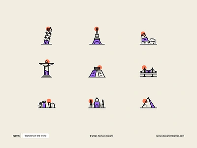 Wonder of the world Icon set design eifel tower figma giza golden gate graphic design icon illustration logo tajmahal wonders of the world