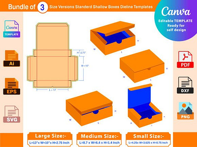 Bundle of 3 Size Shallow Boxes Dieline box box die cut branding design dieline illustration packaging packaging design ui vector