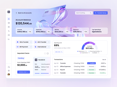 Account Details in corporate banking for startups and SMEs 3d account account balance ai card chart commercial bank corporate banking dashboard details finance fintech gradient order check quick actions spending limit transactions ui ux widget