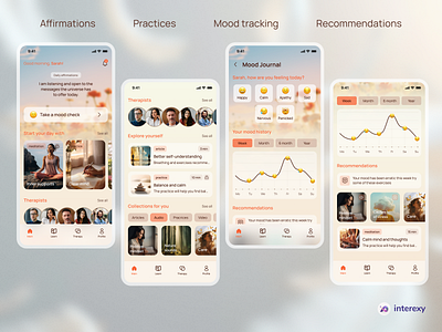 Mental health mobile app affirmations app app design concept healthcare healthtech light theme mental health mental health app mobile app orange yellow
