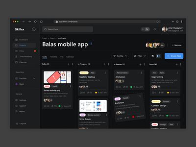 Skillex | Project Management Dashboard (dark mode) app design management task ui ux web