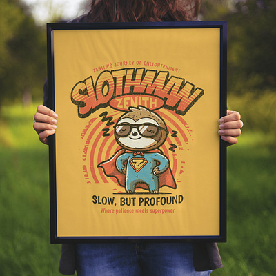 Slothman Zenith adorable cartoon chill cute design funny kittl pop culture print on demand sloth superhero t shirt t shirt design