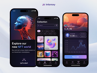 NFT Marketplace mobile app app blockchain blue dark theme design ecommerce mobileapp nft nft marketplace product design ui ux violet web3