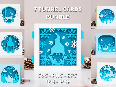 7 Christmas tunnel cards template SVG,tunnel card SVG bundle card design greeting card paper cut tunnel card