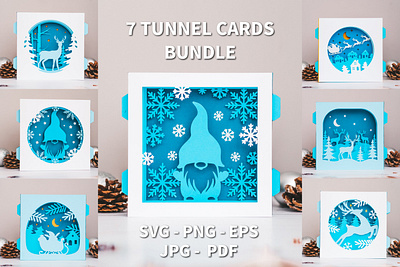 7 Christmas tunnel cards template SVG,tunnel card SVG bundle card design greeting card paper cut tunnel card