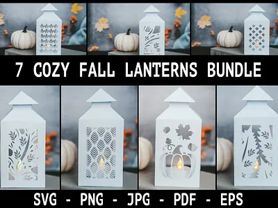 7 Autumn lanterns bundle SVG I Fall candle Paper cut SVG auutmn svg design lantern paper cut svg