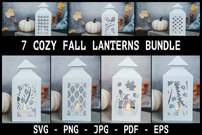 7 Autumn lanterns bundle SVG I Fall candle Paper cut SVG auutmn svg design lantern paper cut svg