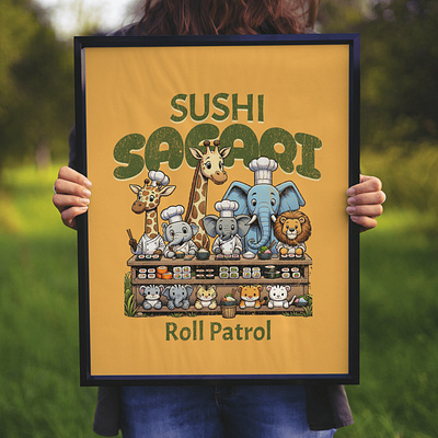 Sushi Safari adorable animals cartoon cute design funny kittl pop culture print on demand safari sushi t shirt t shirt design