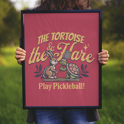 The Tortoise & The Hare adorable cartoon cute design funny hare kittl pickleball pop culture print on demand t shirt t shirt design tortoise