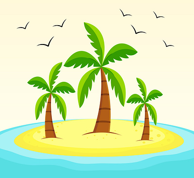 Tropical island with palm trees and birds. beach birds coconut island landscape palm peacful relax sea seascape season summer summer time sun sunny tree tropical vacation vector water