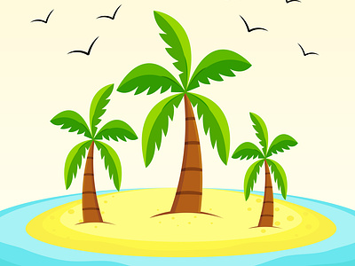 Tropical island with palm trees and birds. beach birds coconut island landscape palm peacful relax sea seascape season summer summer time sun sunny tree tropical vacation vector water