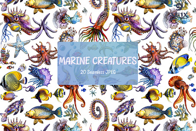 MARINE CREATURES KiT [ 20 Seamless JPEG ] art art print background texture creative illustration infinite background pattern bundle seamless pattern seamless textures