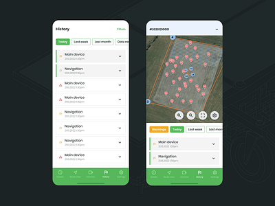 FarmDroid - mobile app for sustainable field robot agricultural robots agriculture agrotech farm farming internet of things iot list map view mobile app navbar navigation remote management remote path management satelite view sustainable sustainable field robot tabbar time tracking tracking