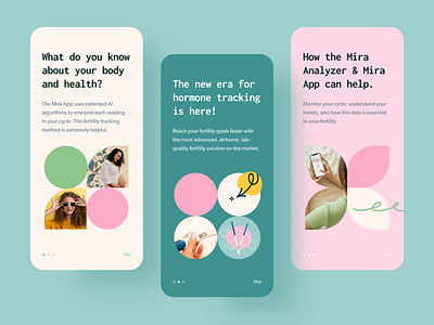 Mira Care – Hormone Tracker for Women app design clean colorful design system femtech healthcare hormone illustration interaction mobile app onboarding pastel color period tracker pregnancy tracker tracking ui design ux design women women app