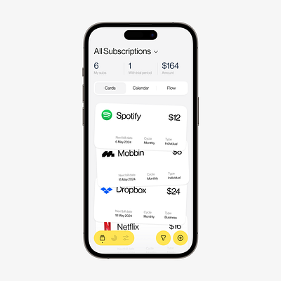 Subs Tracker | Interactive animation app application buttons cards data design filter grid inspiration interaction ios iphone layout mockup sort subs tabs tracker