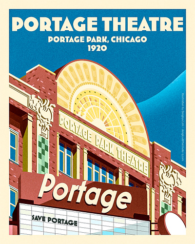 Portage Theatre - Chicago architecture art deco chicago endangered place illustration isometric isometric illustration portage theatre vintage
