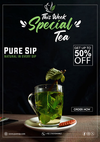Pure sip green tea marketing poster design brand branding company design graphic design illustration label logo poster vector