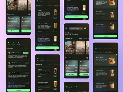 Practical Coffee Ordering Social App UI/UX Product Design app design coffee coffee app coffee lovers creativity dark theme design e commerce gradient interaction design minimalist mobile ui practical social media ui ui design user experience ux