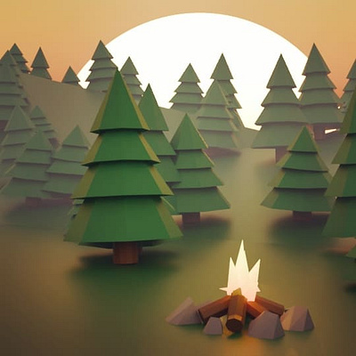 Fire crackling on misty evening 3d blender camping low poly