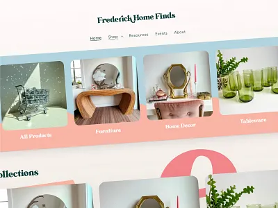 Mega Menu - Frederick Home Finds blue bright e commerce ecommerce fun furniture home decor home page light mega menu nav navigation pink retro shopify vintage web design web development website